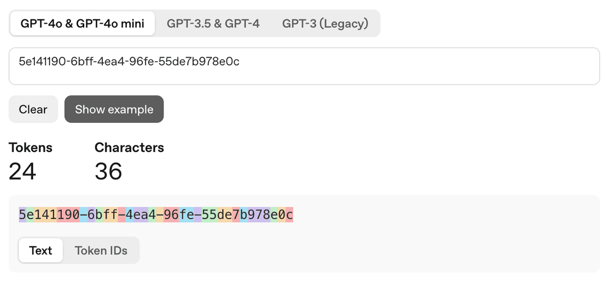 OpenAI Tokenizer output for a UUID - showing 24 tokens